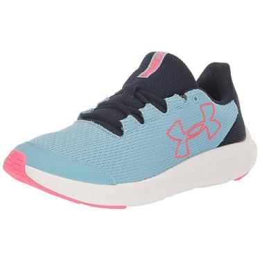 Imagem de Under Armour Tênis de corrida unissex infantil School Pursuit 3 com logotipo grande, (400) nevasca/azul marinho da meia-noite/choque rosa, 4.5 Big Kid