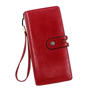 Imagem de Moda feminina retrô simples carteira longa multifuncional grande capacidade carteira carteira de telefone pegajosa, Vermelho, One Size