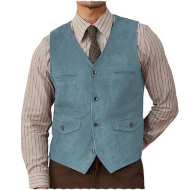 Imagem de Colete masculino de couro de camurça colete caubói ocidental casual com peito único (azul claro, P), Azul claro, Small
