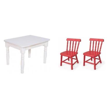 Imagem de Conjunto Infantil Mesa 68x52cm c/2 Cadeiras Madeira Maciça Branco/Vermelho