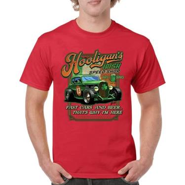 Imagem de Camiseta masculina Hooligan's Irish Speed Shop Dia de São Patrício Vintage Hot Rod Shamrock St Patty's Beer Festival, Vermelho, G