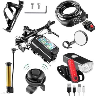 Imagem de SODPE Pacote com 8 acessórios de bicicleta, conjunto de luzes de bicicleta recarregável por USB, 1 suporte para garrafa de água para bicicleta, bolsa de bicicleta e 1 campainha de bicicleta de