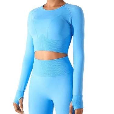 Imagem de Shed Blusa feminina de manga comprida VedaFlex – Camisetas de treino sem costura, roupa respirável para ioga atlética e academia, Coral elétrico, M