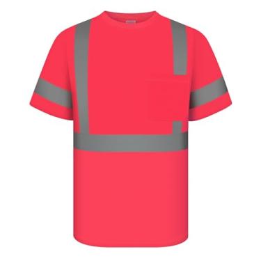 Imagem de TCCFCCT Camisetas masculinas Hi Vis Classe 3 de alta visibilidade com bolso, camisas de trabalho de construção de manga curta com tiras refletivas, camisas refletivas duráveis, respiráveis, DC-rosa
