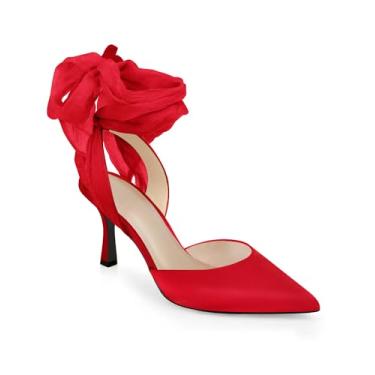 Imagem de Sandálias femininas de salto alto com cadarço e laço de cetim sandálias de bico fechado para noiva salto agulha alto D'Orsay sapatos sociais bonitos, Vermelho, 7
