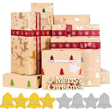 Imagem de Rancco Papel de embrulho de Natal com 6 adesivos metálicos de Natal, 6 peças de papel kraft brilhante com estampa de flocos de neve brilhante com rena de árvore de Natal para embrulho de , 40 x 65 cm por folha
