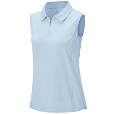 Imagem de BGOWATU Camisetas polo femininas de golfe sem mangas com zíper 1/4 com gola proteção UV secagem rápida, Cinza, azul, PP
