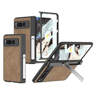 Imagem de Tarieson Capa de couro com dobradiças magnéticas e suporte dobrável para Google Pixel Fold, marrom elegante e protetor