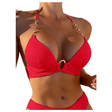 Imagem de SweatyRocks Top de biquíni feminino com alça de corrente, frente única, triangular, laço nas costas, Vermelho, G
