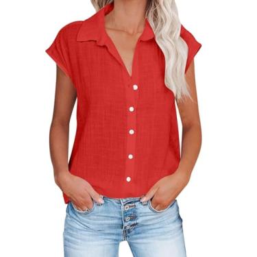 Imagem de Camiseta feminina de verão, de linho, cor lisa, manga curta, caimento solto, gola V, abotoada, túnica, Vermelho, G