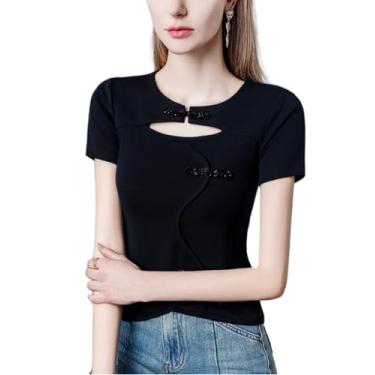 Imagem de Yueary Camiseta feminina manga curta gola redonda cor sólida blusa elegante verão slim fit moderno patchwork pulôver top, Preto, P