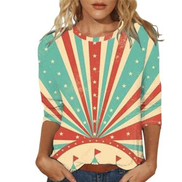 Imagem de Camiseta feminina com bandeira dos EUA, manga 3/4, patriótica, blusas de 4 de julho, gola redonda, camiseta do Dia da Independência, Verde menta, GG
