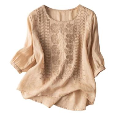 Imagem de Camisas de linho femininas com botão de manga curta verão solta gola redonda casual boho blusa vintage bordada, 01#cáqui, M