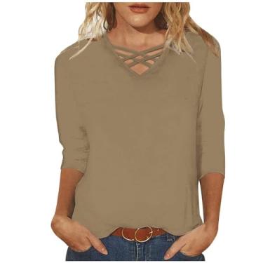 Imagem de Camisa feminina de manga 3/4 de comprimento com decote em V, cor sólida, caimento solto, camisetas casuais para treino, Caqui, XXG