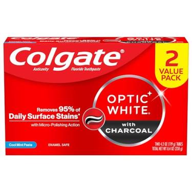 Imagem de Colgate Pasta de dente branqueadora Optic White com carvão, sabor menta fresca, remove manchas superficiais com segurança, seguro para esmalte para uso diário, pasta de dentes para clareamento dental com flúor, pacote com 2, tubo de 120 ml