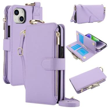 Imagem de Capa carteira para iPhone 13 mini [bloqueio RFID] [bolso com zíper] [porta-cartão] capa protetora flip de couro PU com corda transversal/pulso/anel capa de telefone masculina e feminina (roxa)
