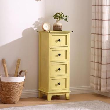 Imagem de Aparador de cabeceira retrô Cômoda de madeira maciça Armário estreito com 4 gavetas de armazenamento Armário simples Gaveta de armazenamento Armário de canto, amarelo, 30 * 30 * 80 cm