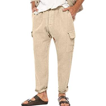 Imagem de 2024 Calça de linho masculina casual ajuste solto calça de praia moda cordão férias algodão cargo masculino, Oferta Prime Khaki, M