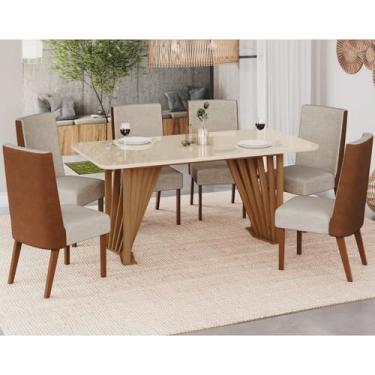 Imagem de Conjunto Sala Jantar Adriana 180 Cm 6 Cadeiras Anne Canto Arredondado com Vidro Nature/Off White/Caramelo