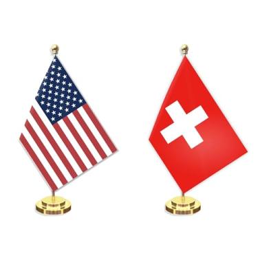 Imagem de Conjunto de 2 unidades de bandeira pequena de mesa suíça americana da Suíça, mini banner de mesa suíço de 12 × 20,38 cm, decoração de poste de metal sólido de 30,48 cm, faixa de poliéster impressa