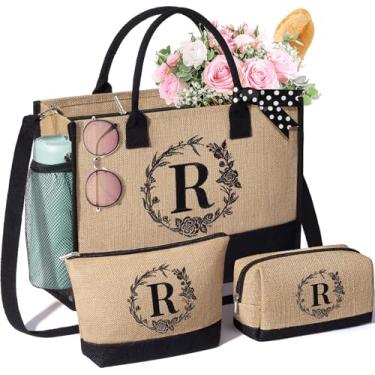 Imagem de Sacola de presente personalizada para mulheres, bolsa de juta inicial e bolsas de maquiagem, bolsa de praia com monograma com zíper, presentes de aniversário, presentes de dia das mães, mulheres,