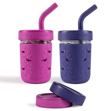 Imagem de Pandaloo® Copo infantil Mason Jar - Copo de vidro à prova de derramamento de 227 g com canudo e tampa de silicone, manga antiderrapante, copos de lanche infantis sem BPA - Copos de smoothie perfeitos