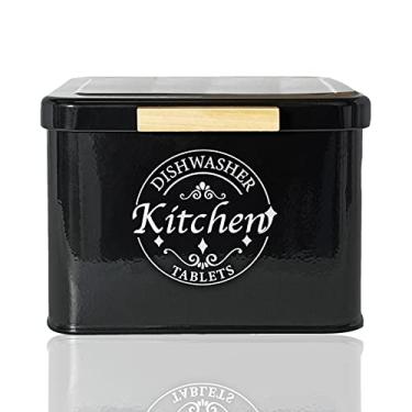 Imagem de Recipiente de vagem de lava-louças com tampa articulada. Suporte de cápsulas de metal para lava-louças para organizador de armário de cozinha. Decoração e acessórios de cozinha modernos. Armazenamento de detergente para lava-louças (preto)