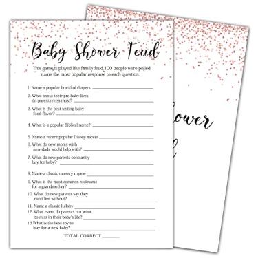Imagem de Jogos de chá de bebê feud chá de bebê, rosa dourado rosa - 30 cartas de jogo e 1 cartão de resposta, jogo de festa de revelação de gênero de bebê, decorações de festa de chá de bebê -020-007