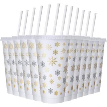Imagem de Potchen 12 peças de copos de plástico de flocos de neve dourados de inverno 680 g copo reutilizável de tema congelado de Natal com tampas e canudos, copos de suco reutilizáveis para chá de bebê com