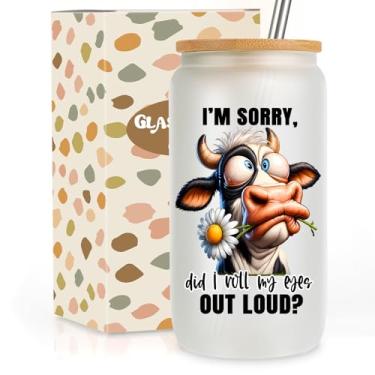 Imagem de GSPY Copo de vaca engraçado, copos de vidro fosco de 473 ml com tampas e canudos, caneca novidade copo de café gelado - presentes engraçados de aniversário, dia das mães para mulheres, amigas, filhas,