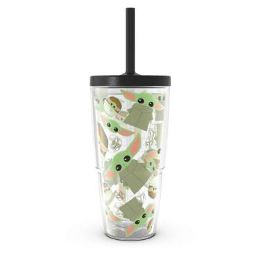 Imagem de Tervis Copo de viagem Star Wars - Mandalorian - O padrão infantil feito nos EUA com isolamento térmico de parede dupla mantém as bebidas frias e quentes, 680 g com tampa de palha, clássico