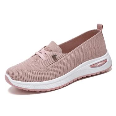 Imagem de Mocassins femininos de malha respirável, sem cadarço, leve, ortopédico, cano baixo, sola macia, plataforma antiderrapante, para esportes ao ar livre, rosa, 38