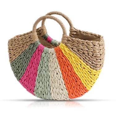 Imagem de QTKJ Bolsa de palha, bolsa de praia para mulheres, bolsas boêmias tecidas à mão, sacola colorida semicircular, bolsa de praia de palha adequada para piquenique, viagens, combinação diária (Cáqui)