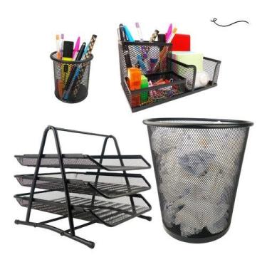 Imagem de Kit Escritório Organizador Bandeja Lixeira Porta Lápis Lixo Preto - Ma
