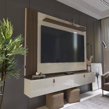 Imagem de Rack Com Painel Ripado Suspenso Para Tv Até 70 Polegadas 2 Portas Grécia 180cm Off White E Freijó