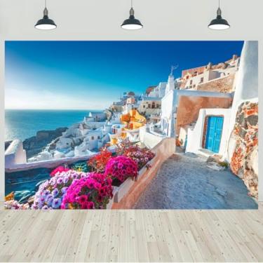 Imagem de Pano de fundo da ilha de Santorini Grécia 3 x 2,4 m, flores desabrochando, romântico, cenário do mar Egeu, arquitetura branca, decoração de casamento, festa de aniversário, adereços de estúdio
