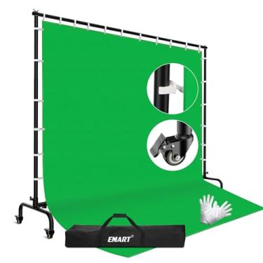 Imagem de EMART Kit de pano de fundo verde de 2,1 x 3 m com suporte móvel, moldura ajustável de fundo de tela verde grande de 2,8 x 2,9 m com rodas para sessão de fotos, transmissão ao vivo, gravação de vídeo
