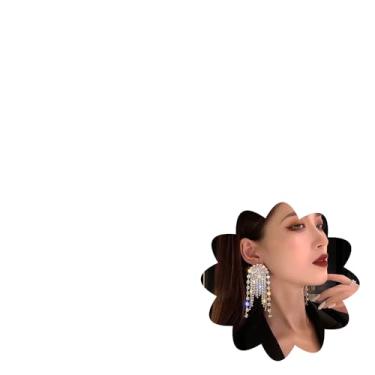 Imagem de Xerling Brincos longos de strass com borla para noivas, brincos pendentes de cristal brilhante para formatura de casamento