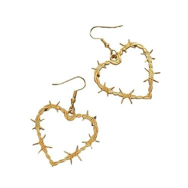 Imagem de Zhang shine Brincos góticos de arame farpado com coração de espinho, brincos pesados, pingente de cadeado, punk, espinhos, coração, metal, malha, joias de Halloween, para mulheres e homens, One Size,