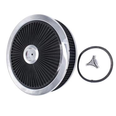 Imagem de BestParts Conjunto de filtro de filtro de ar lavável de alto fluxo redondo de 35,5 x 7,6 cm com tampa cromada Flow-Thru Tampa de caburetor preta compatível com Ford Mopar GMC Chevy SBC BBC