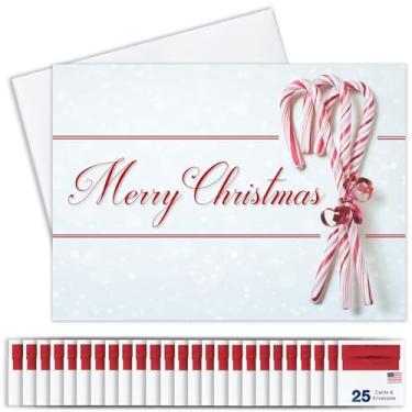 Imagem de Cartões comemorativos de Natal – H1605. Cartões de felicitações com feliz Natal ao lado de bengalas de doces embaladas em corda vermelha. O conjunto de caixa tem 25 cartões comemorativos e 26 envelopes brancos com forro de folha vermelha.
