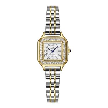 Imagem de Gosasa Relógio de pulso feminino quadrado de quartzo retrô analógico dourado e prateado à prova d'água com pulseira pequena vintage, A, ouro, P