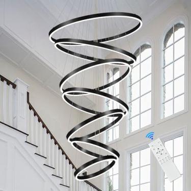 Imagem de AIRYPHANT Lustre de LED moderno lustres de 7 anéis de teto alto preto 78 cm grande lustres de hall de entrada reguláveis luxuosos contemporâneos para sala de estar, escada, entrada, 3000K-6500K
