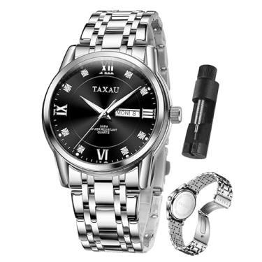 Imagem de Taxau Relógio masculino de aço inoxidável com cronógrafo de diamantes de luxo com data Business reloj de hombre, D4 Face preta + pulseira prata, standard, Vestido
