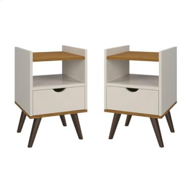 Imagem de Kit 2 Mesa De Cabeceira Alice com 1 Gaveta Nicho Pés Palito Anti Umidade Decoração Quarto (Off White/Freijó)