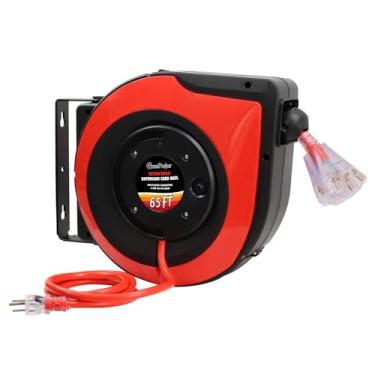 Imagem de GreenProsper Cabo De Extensão Retrátil De 65 Pés, Carretel De Cabo De Alimentação Resistente Sjtow 12/3, 3 Tomadas Triplas Iluminadas, Montagem No Teto Ou Na Parede, Vermelho
