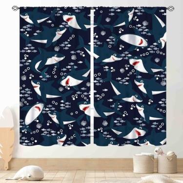Imagem de Cortinas de tubarão, azul marinho, peixe subaquático, oceano, animais, tubarão, peixe, mar, mundo, desenho marinho, janela, tratamentos para crianças, meninos, meninas, quarto de bebê, sala de estar,