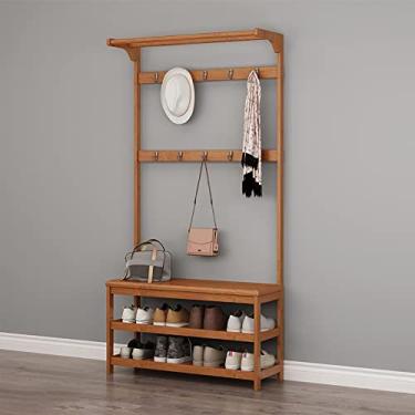 Imagem de Cabide de entrada, banco de sapato, suporte de casaco multifuncional, árvore de corredor 3 em 1 com sapateira e 10 ganchos, forte e durável, organizador de prateleira de armazenamento para sala de