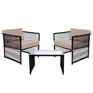 Imagem de Conjunto de 2 Poltronas em Fibra Sintética e Mesa de Centro Quadrada com Tampo de Vidro Santiago
