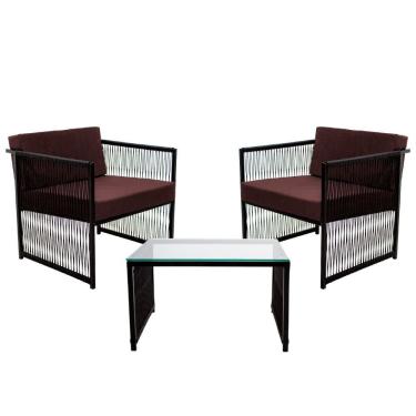 Imagem de Conjunto de 2 Poltronas em Fibra Sintética e Mesa de Centro Quadrada com Tampo de Vidro Santiago